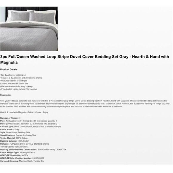 Hearth & Hand Magnolia Duvet Set Gray Striped Washed Loop Full Qu… - Picture 5 of 6
